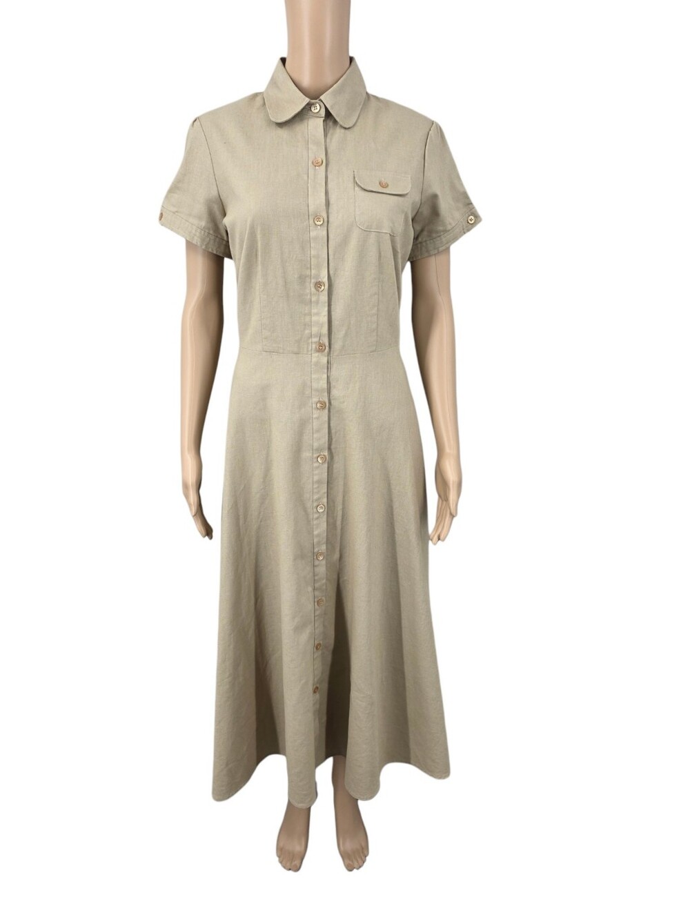 Vintage Linen Cotton Button Front Shirt Dress Khaki Short Sleeve